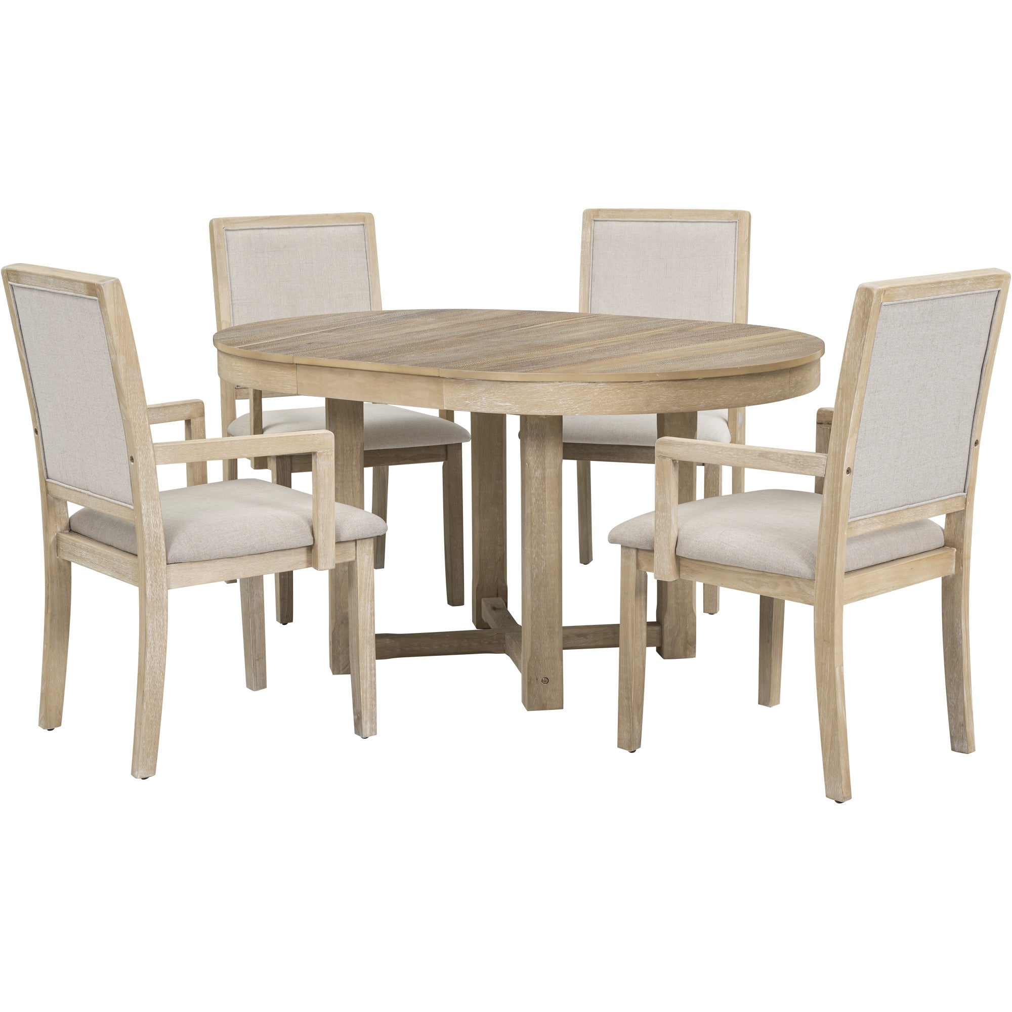 5-Piece Dining Table Set, Two-Size Round To Oval Extendable Butterfly Leaf Wood Dining Table and 4  Dining Chairs with Armrests - Natural Wood Wash