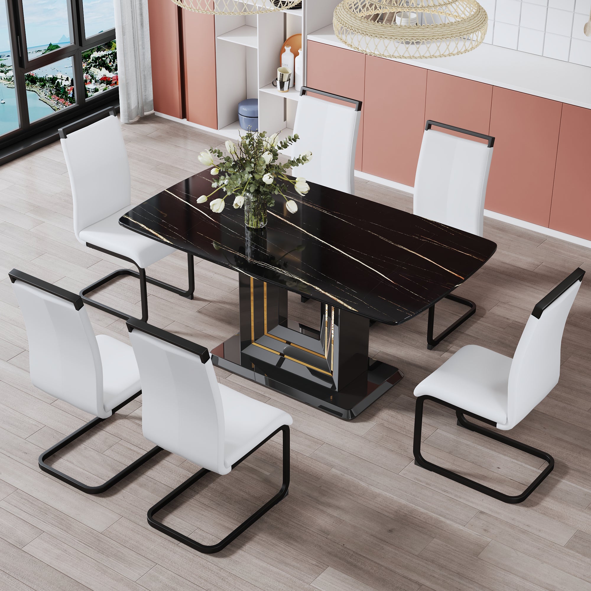 Modern Dining Table with Gold Lines and Black Base