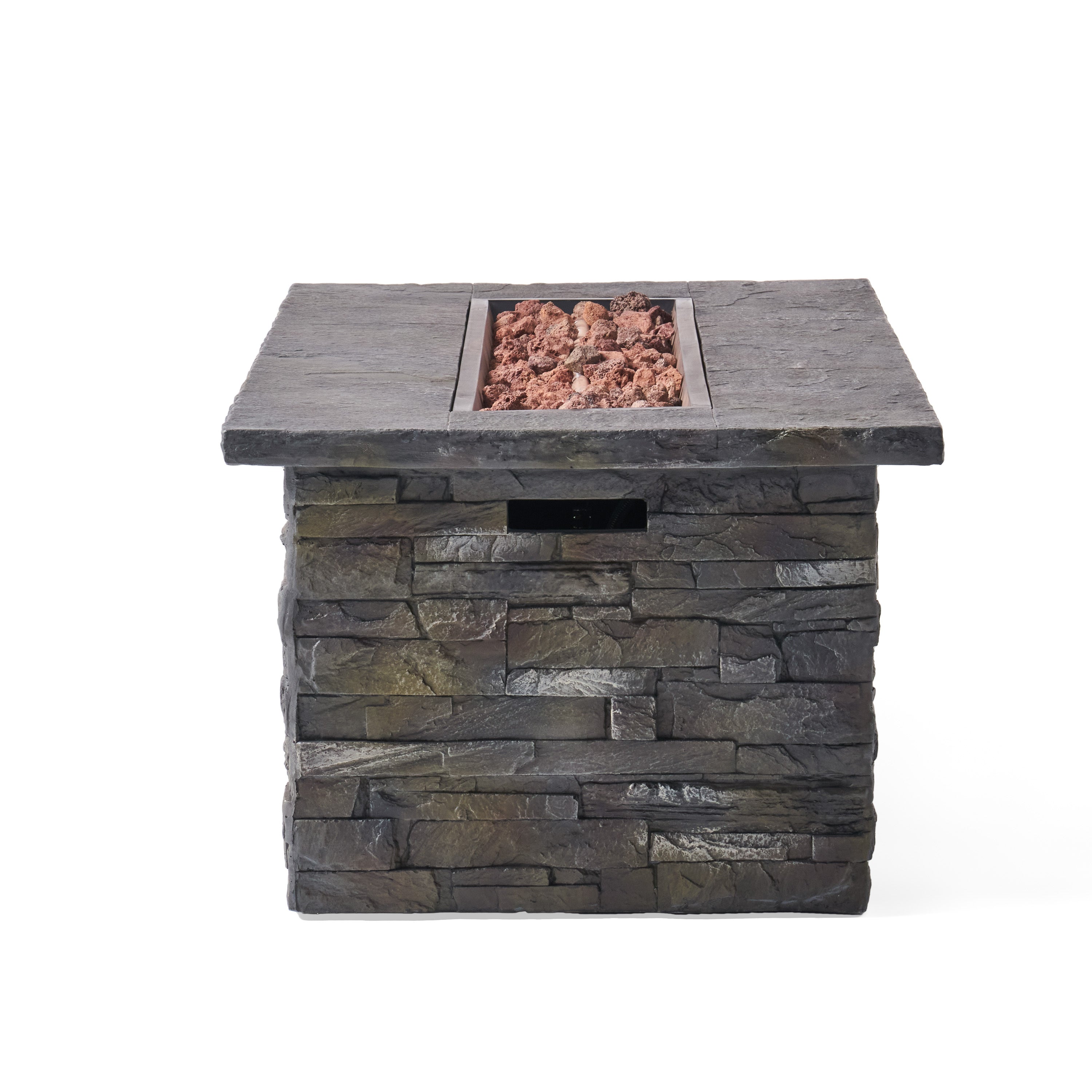 Outdoor Patio Concrete Fire table, Rectangle Gas Burning 56-Inch Fire Pit - 50, 000 BTU, Stone Pattern Fire Table, Grey