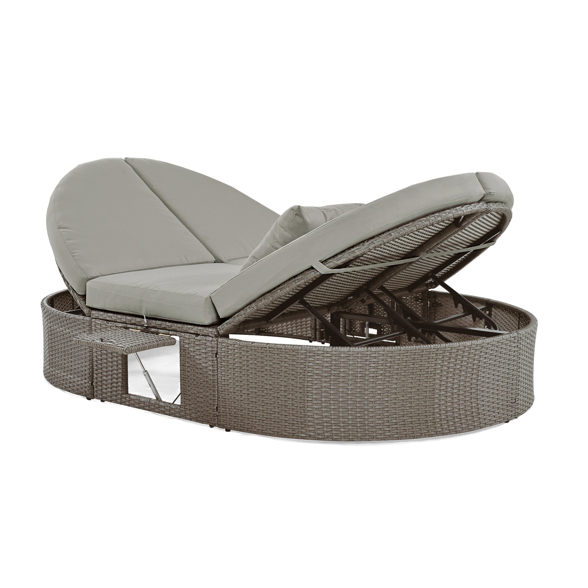 Outdoor Sun Bed Patio 2-Person Daybed with Cushions and Pillows, Rattan Garden Reclining Chaise Lounge with Adjustable Backrests and Foldable Cup Trays for Lawn,Poolside, Gray