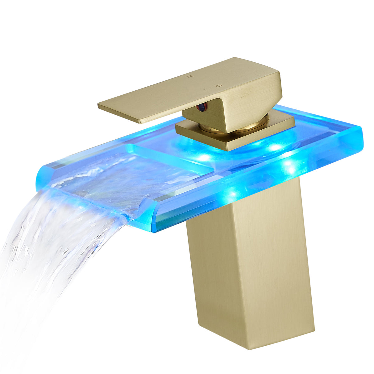 Bathroom Sink Faucet LED Light 3 Colors Changing Waterfall Glass- Gold