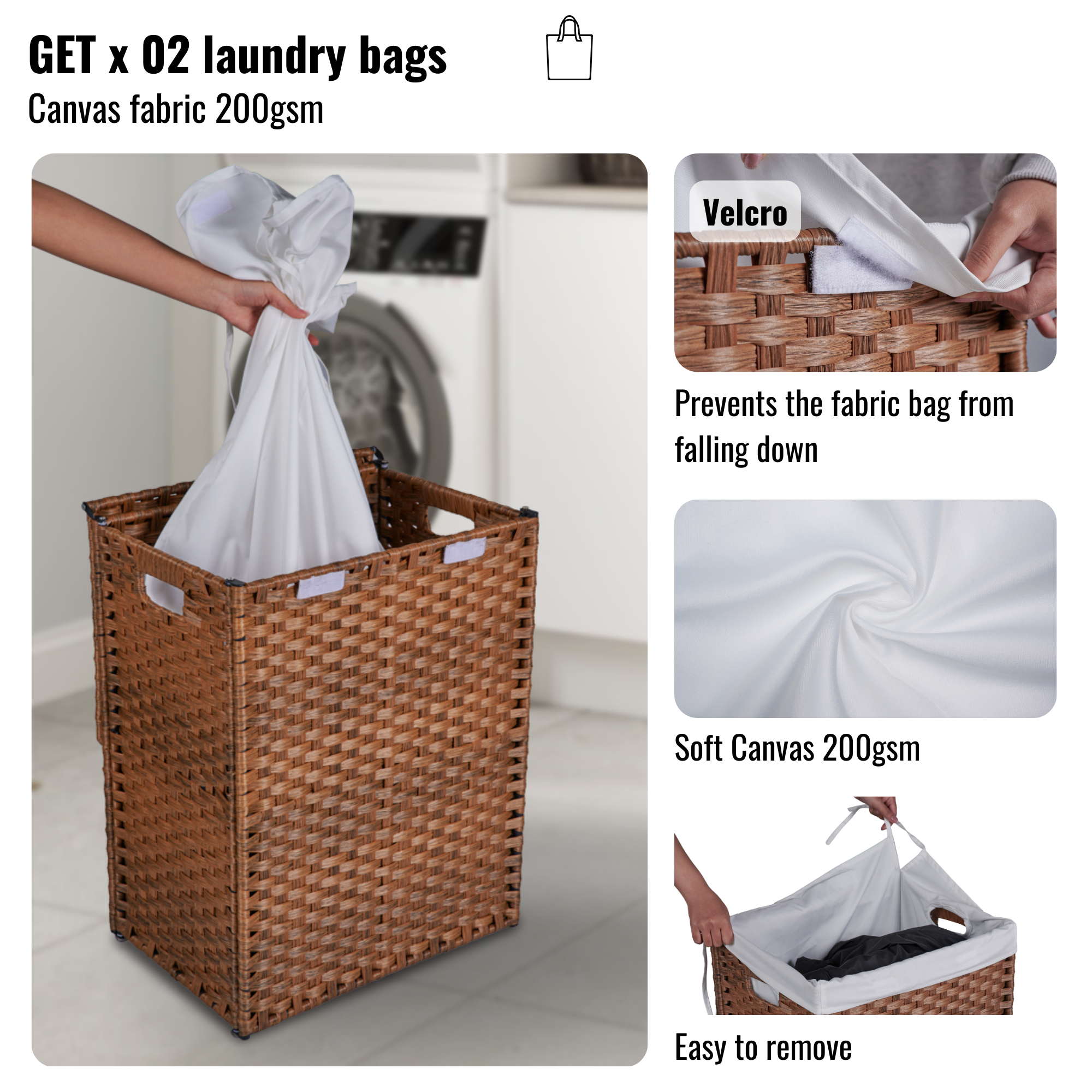 Laundry Hamper With Lid PE Rattan Powder Coating Frame Clothes Hampers with 2 Removable Bags, 100L, Brown Color