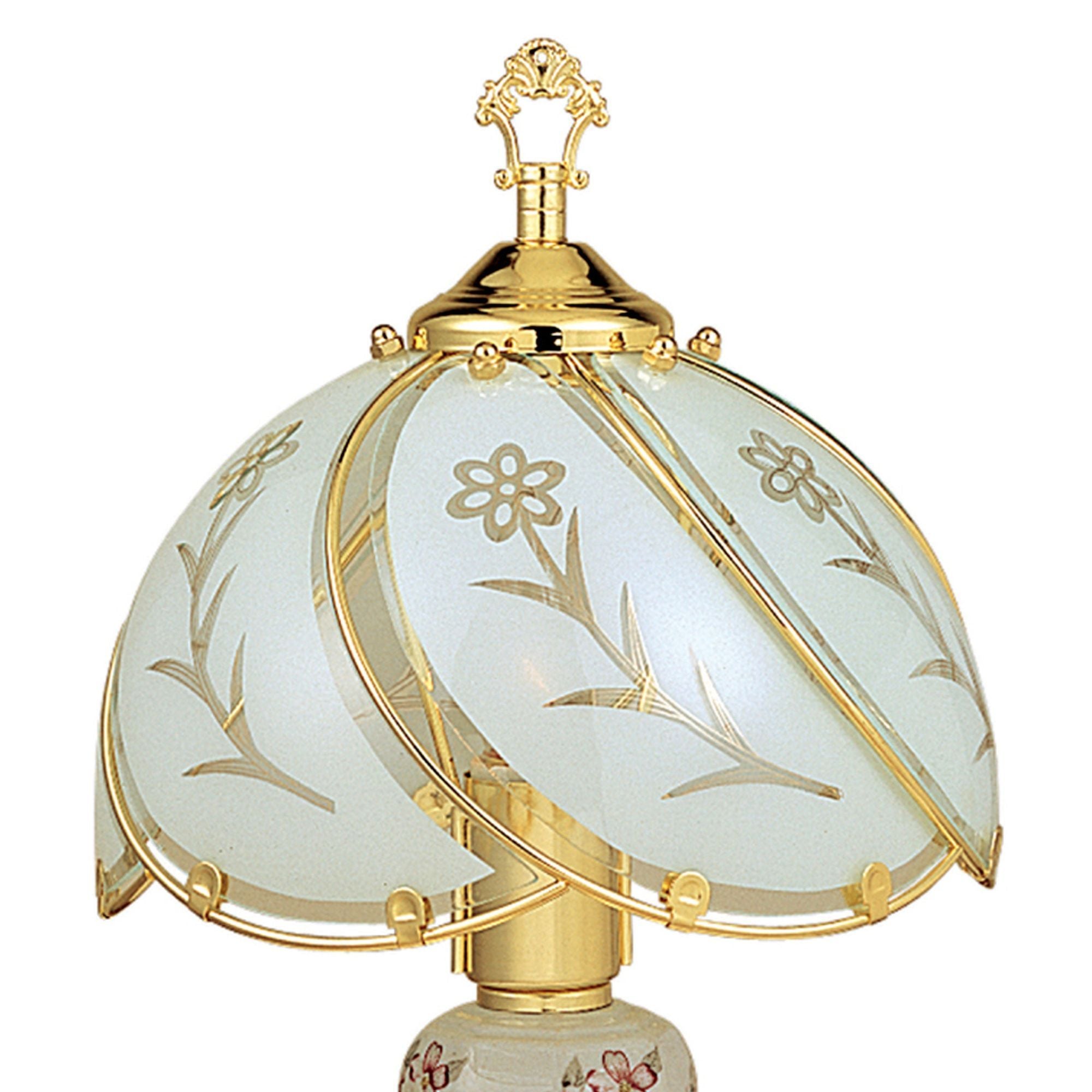 14.25" Tall Touch Table Lamp, Brushed Gold finish, Floral-Patterned Glass Shade