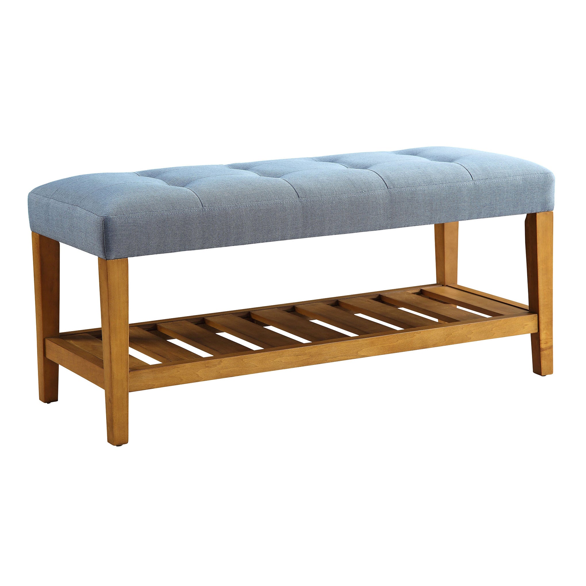 Light Blue and Oak Tufted Padded Seat Bench