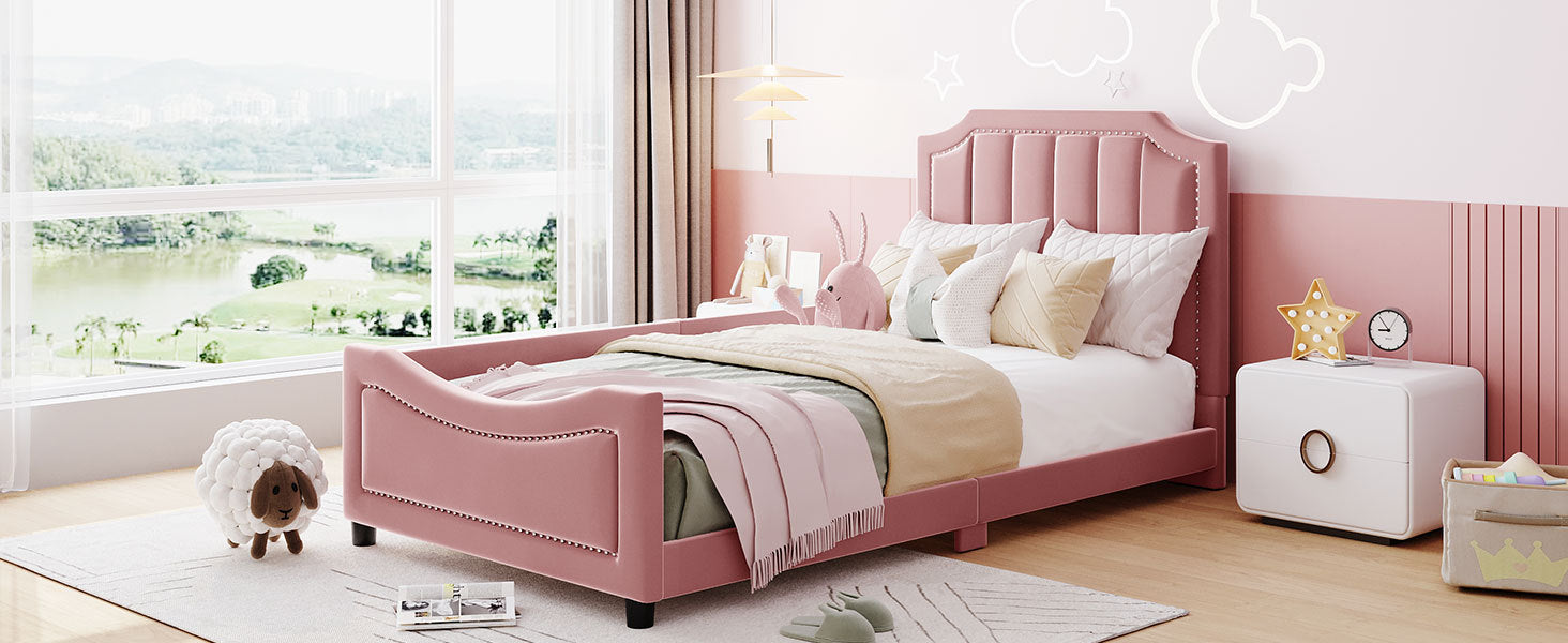 Twin Size Upholstered Daybed with Classic Stripe Shaped  Headboard - Pink