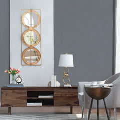 3 Mirror Piece Wall Mirror in Gold Rectangular Frame 40"x14" - Wood+Glass