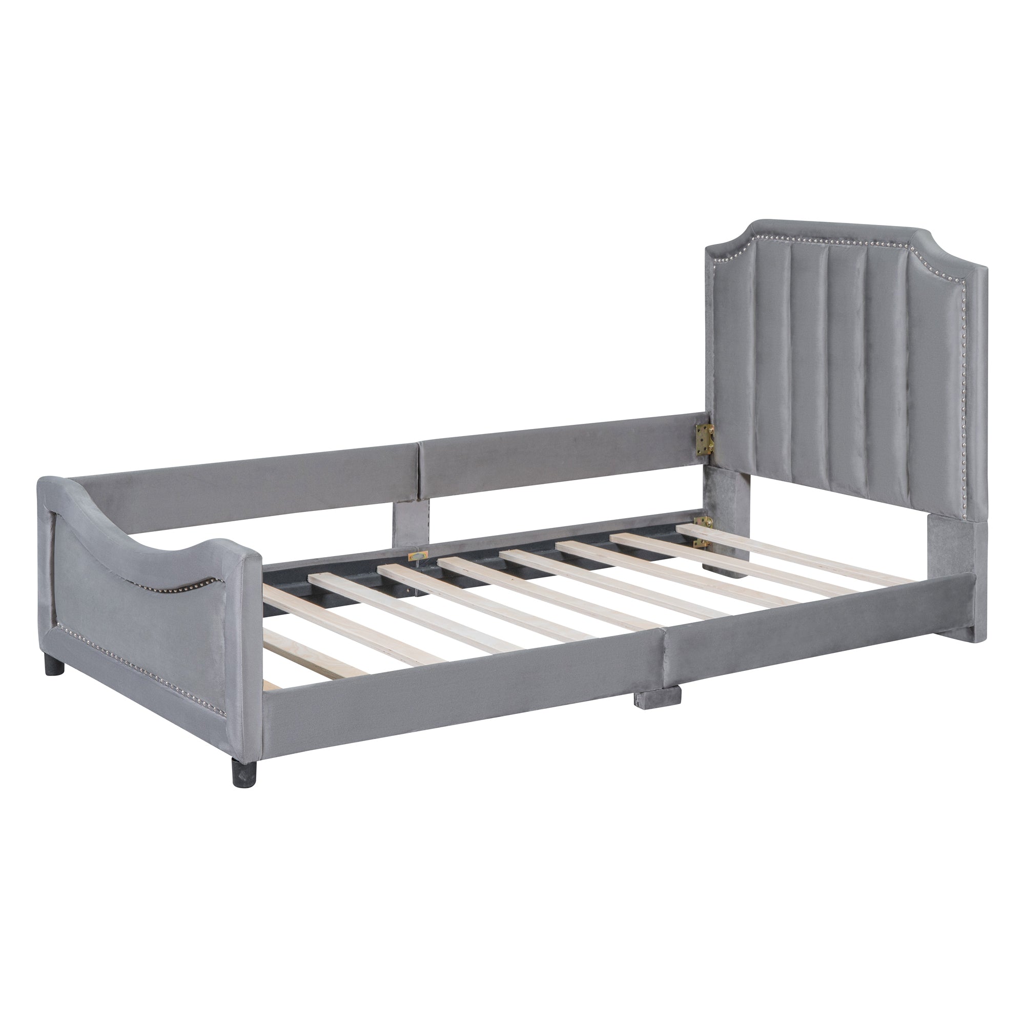 Twin Size Upholstered Daybed with Classic Stripe Shaped  Headboard - Gray