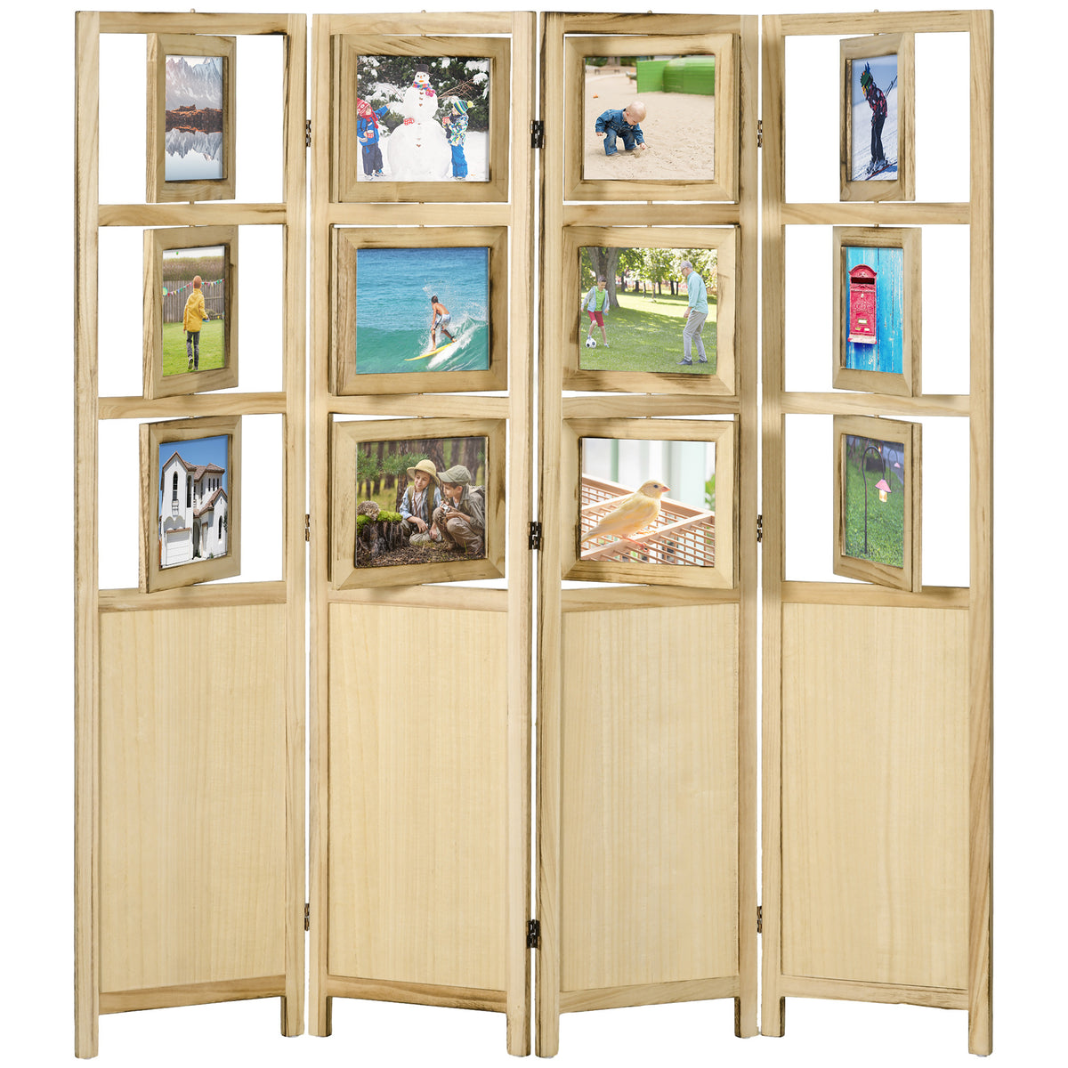 4 Panel Room Divider, 5.6' Indoor Wood Portable Folding Privacy Screens with Photo Frames and Cardstocks, Hinged Freestanding Partition Wall Dividers for Home Office, Natural