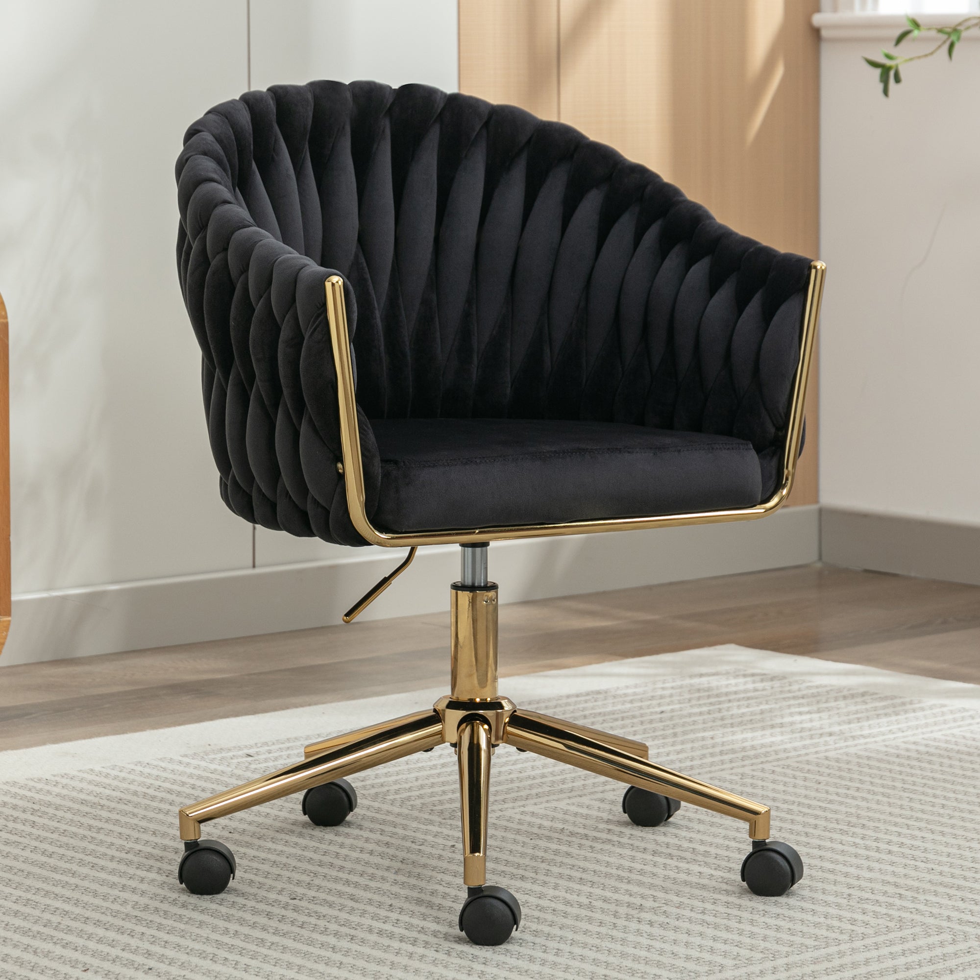 Modern Home Office Leisure Chair with Adjustable Velvet Height and Adjustable Casters - Black