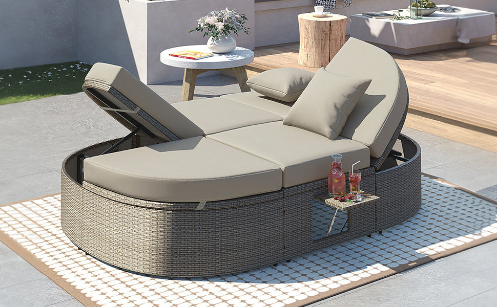 Outdoor Sun Bed Patio 2-Person Daybed with Cushions and Pillows, Rattan Garden Reclining Chaise Lounge with Adjustable Backrests and Foldable Cup Trays for Lawn,Poolside, Gray