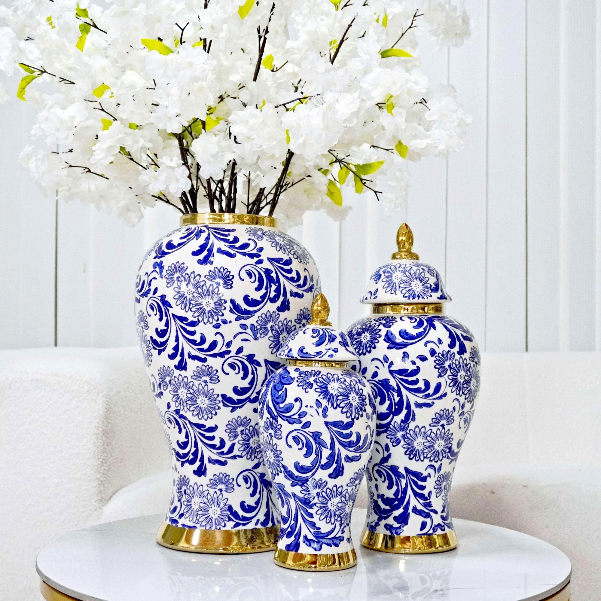 White Ceramic Ginger Jar Vase with Blue & Gold Accents and Removable Lid 18"H