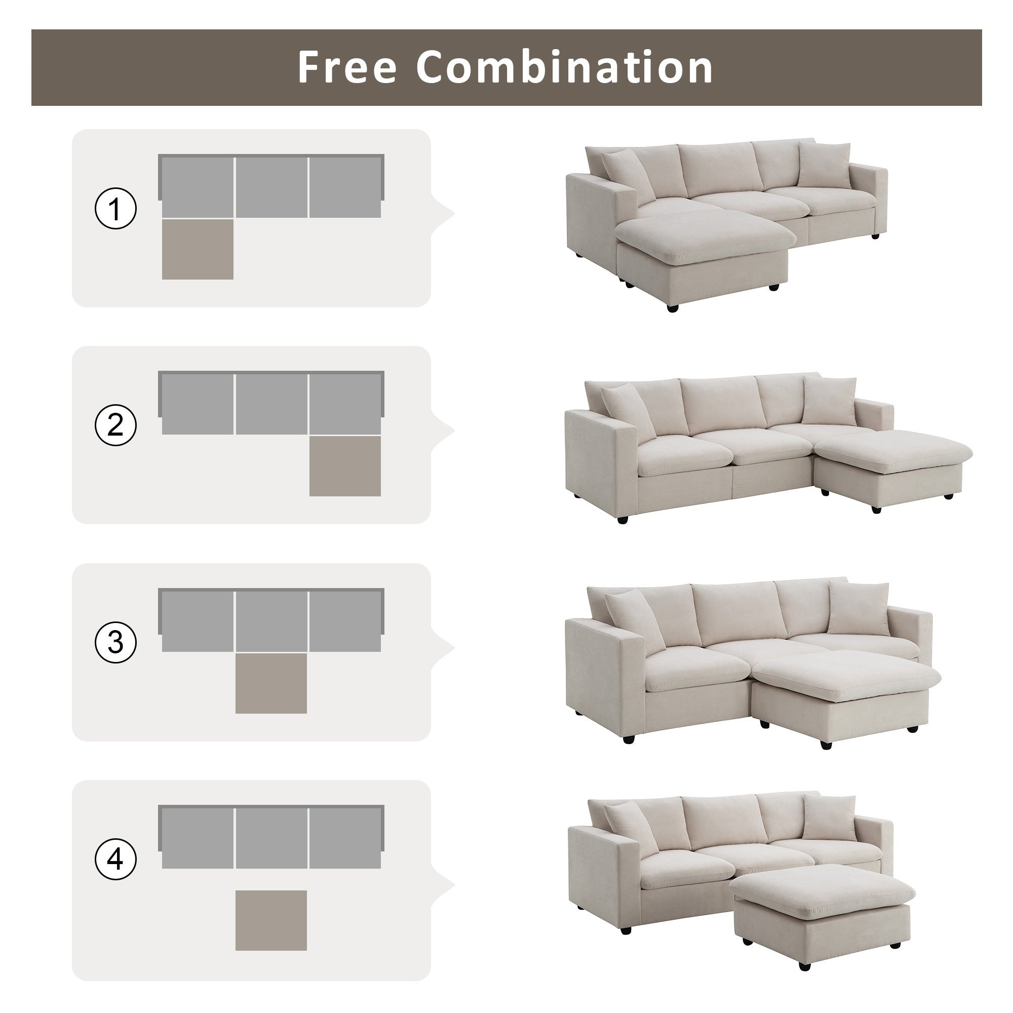 100.4x64.6" Modern Sectional Sofa, L-shaped Couch Set with 2 Free pillows, 4-seat Polyester Fabric Couch Set with Convertible Ottoman  - Beige