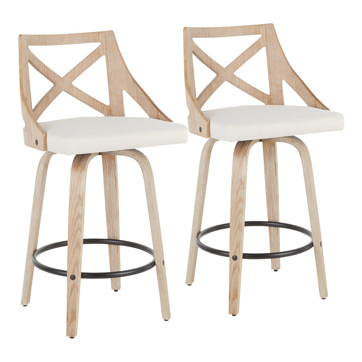 Farmhouse Counter Stool in White Washed Wood and Cream Fabric - Set of 2