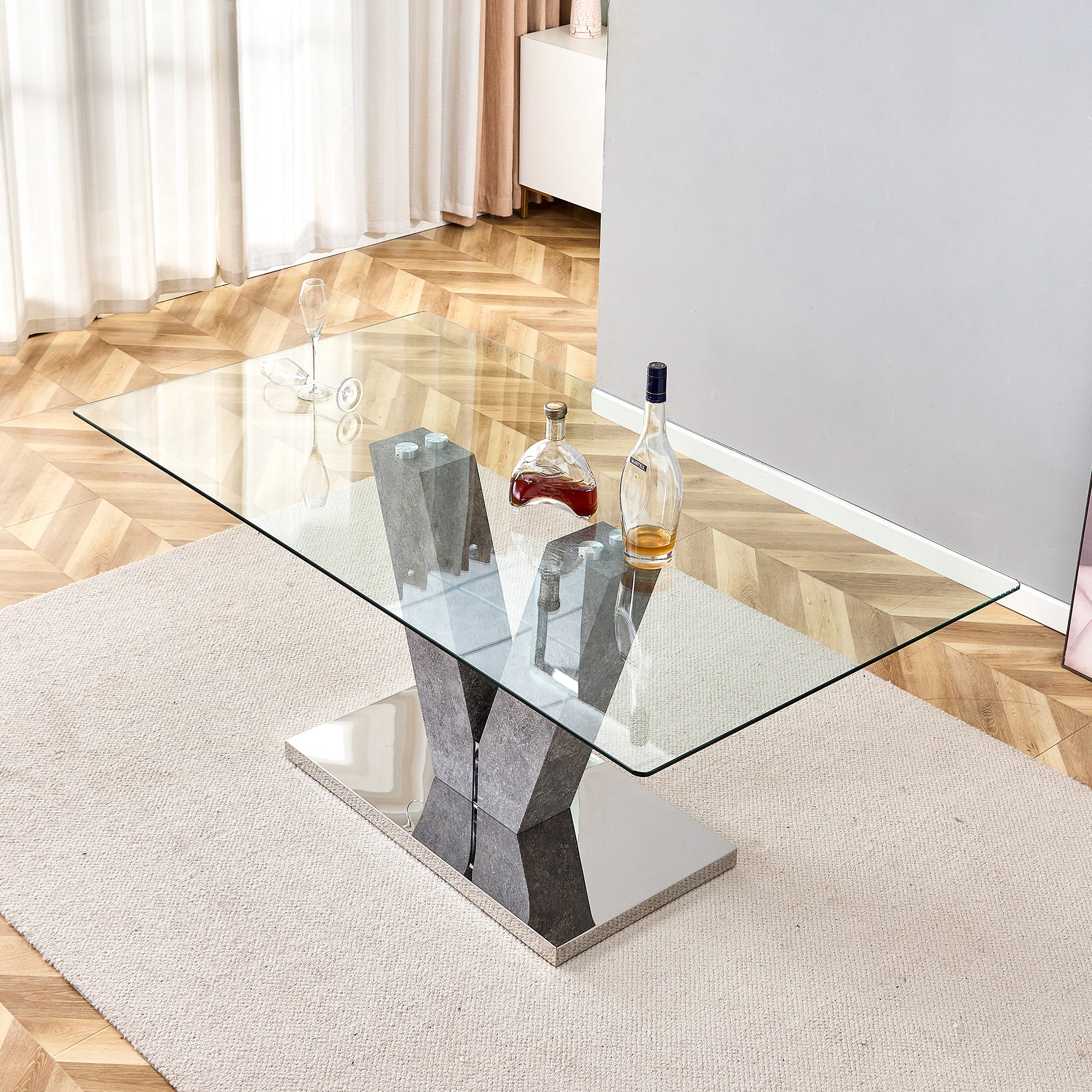 Modern Minimalist Rectangular Glass Dining Table for 6-8 people - Transparent Glass Silver V