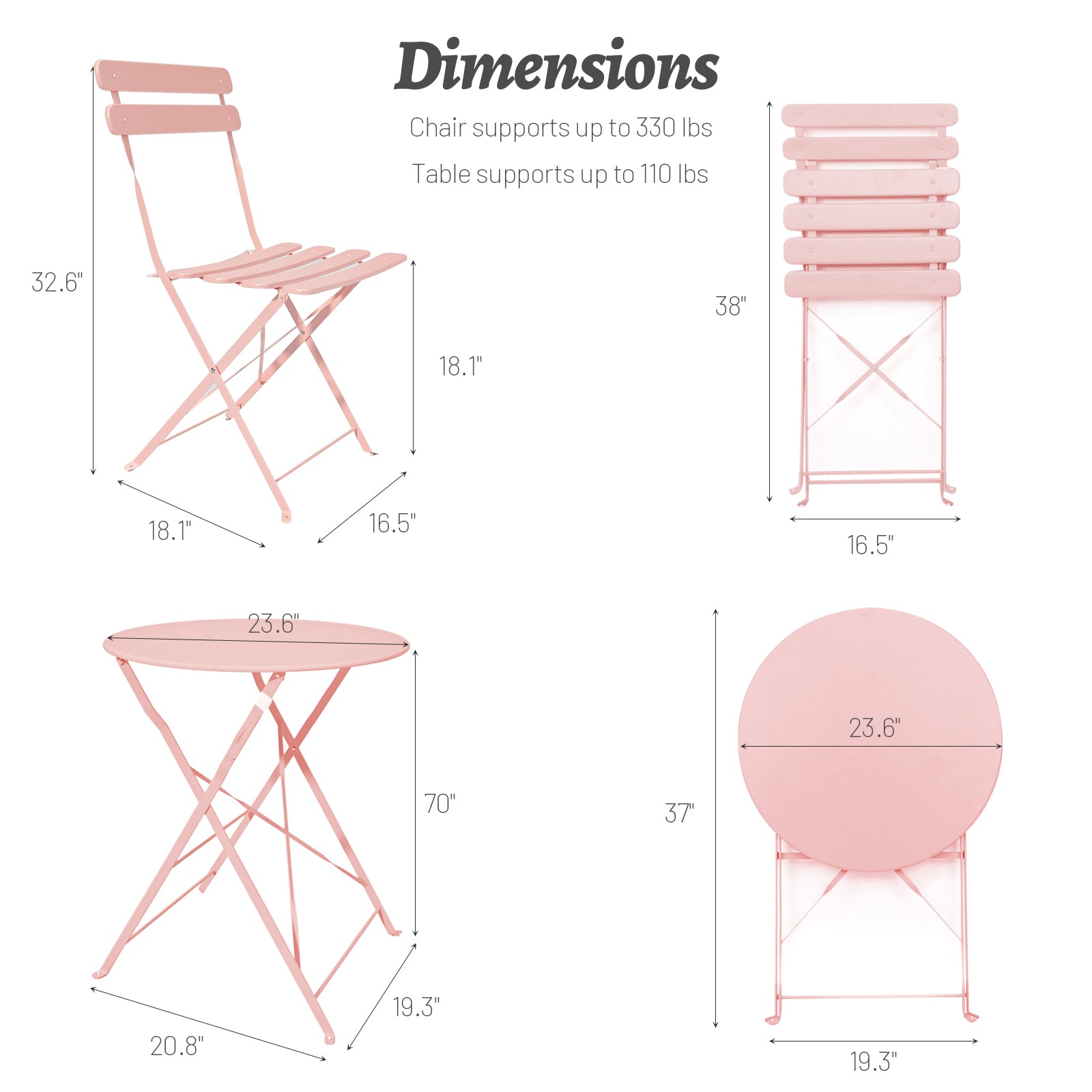 3 Pieces Patio Bistro Balcony Metal Chair Table Set-Pink