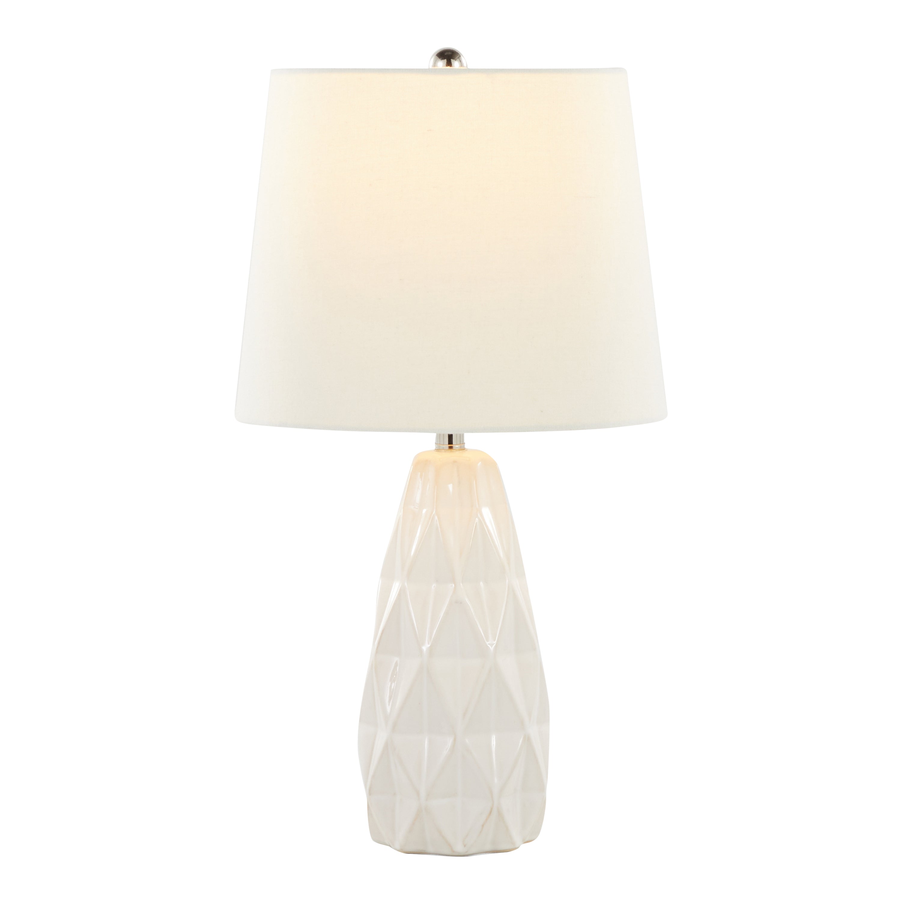 20" Contemporary Ceramic Accent Lamp in Off White Ceramic, Polished Nickel and Off-White Linen Shade  - Set of 2