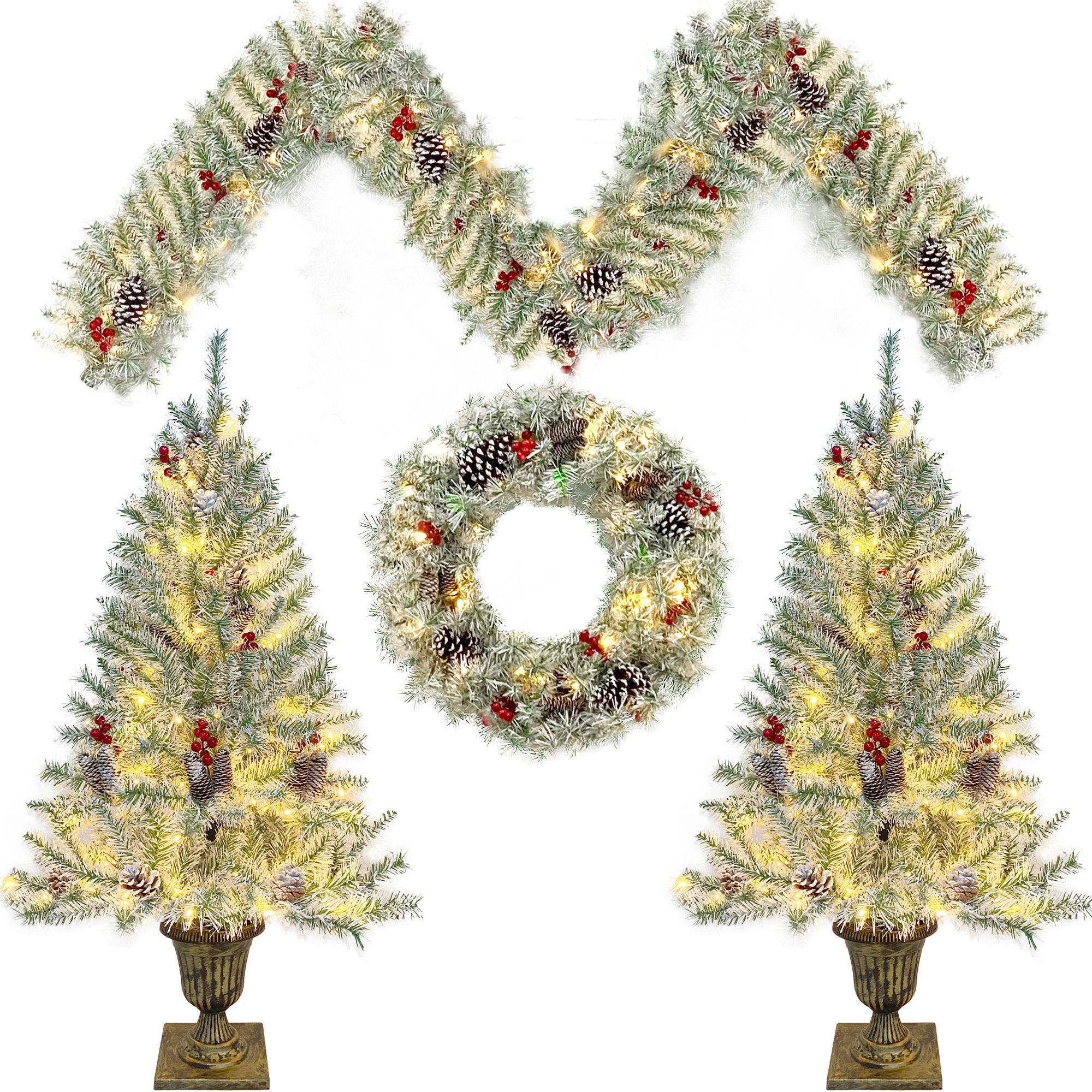 Pre-lit Xmas Tree Artificial Christmas 4-Piece Set,Garland, Wreath and Set of 2