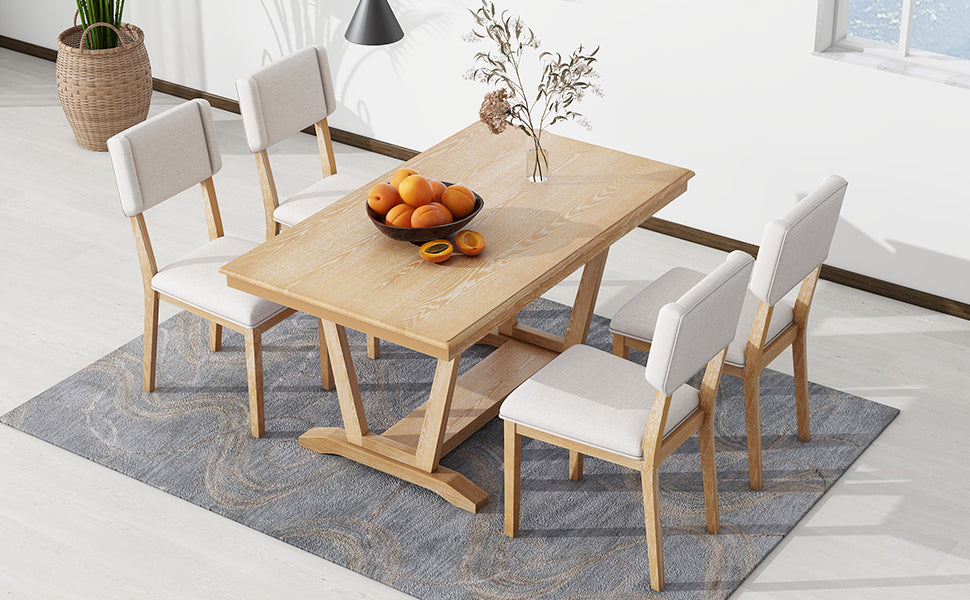 Rustic 5-piece Dining Table Set with 4 Upholstered Chairs - Natural