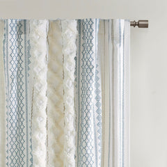 Cotton Printed Curtain Panel with Chenille Stripe and Lining - Ivory+Navy