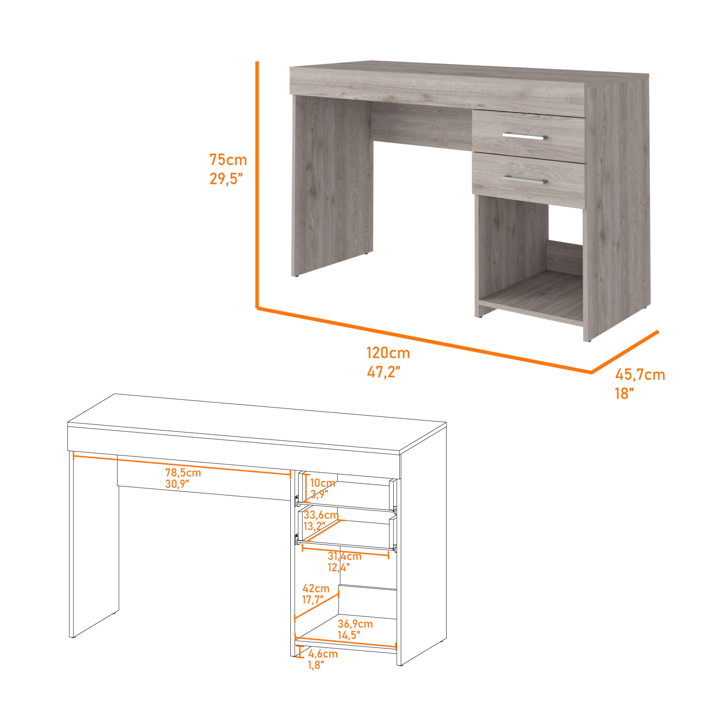 Computer Desk Limestone, Two Drawers - Light Gray Finish