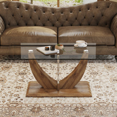 Modern Minimalist Transparent Tempered Glass Coffee Table with Wooden MDF legs and Stainless Steel Decorative Columns