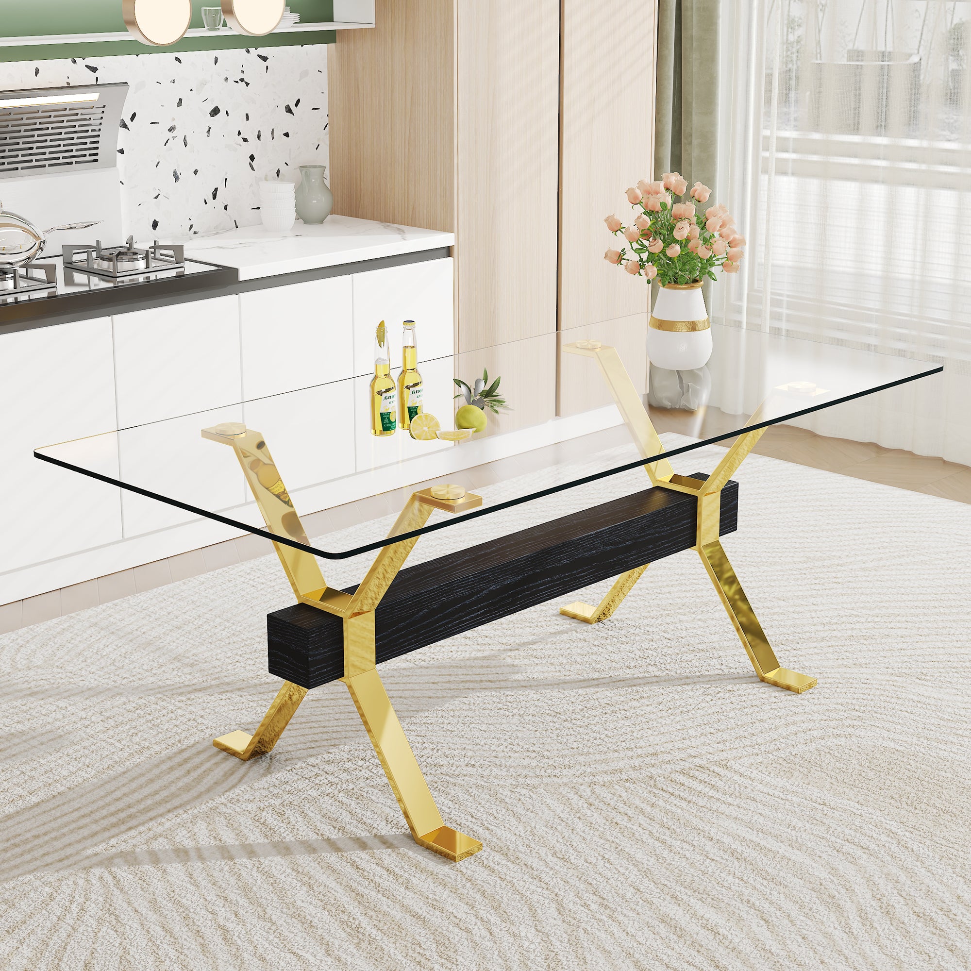 Modern And Luxurious Tempered Glass Rectangular Dining Table With 8 Black PU Gold Plated Leg Chairs