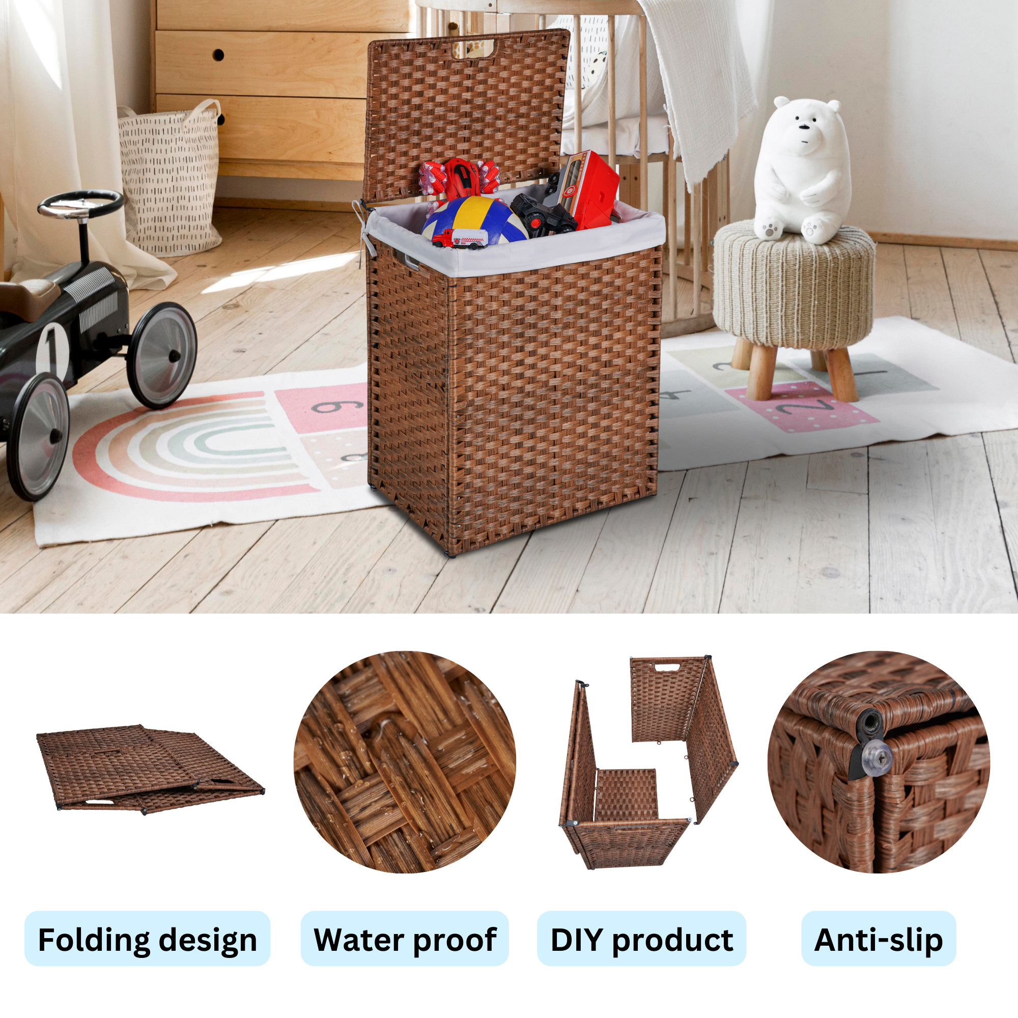 Laundry Hamper With Lid PE Rattan Powder Coating Frame Clothes Hampers with 2 Removable Bags, 100L, Brown Color