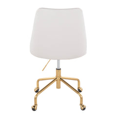 Contemporary Adjustable Office Chair with Casters in Gold Metal and White Faux Leather