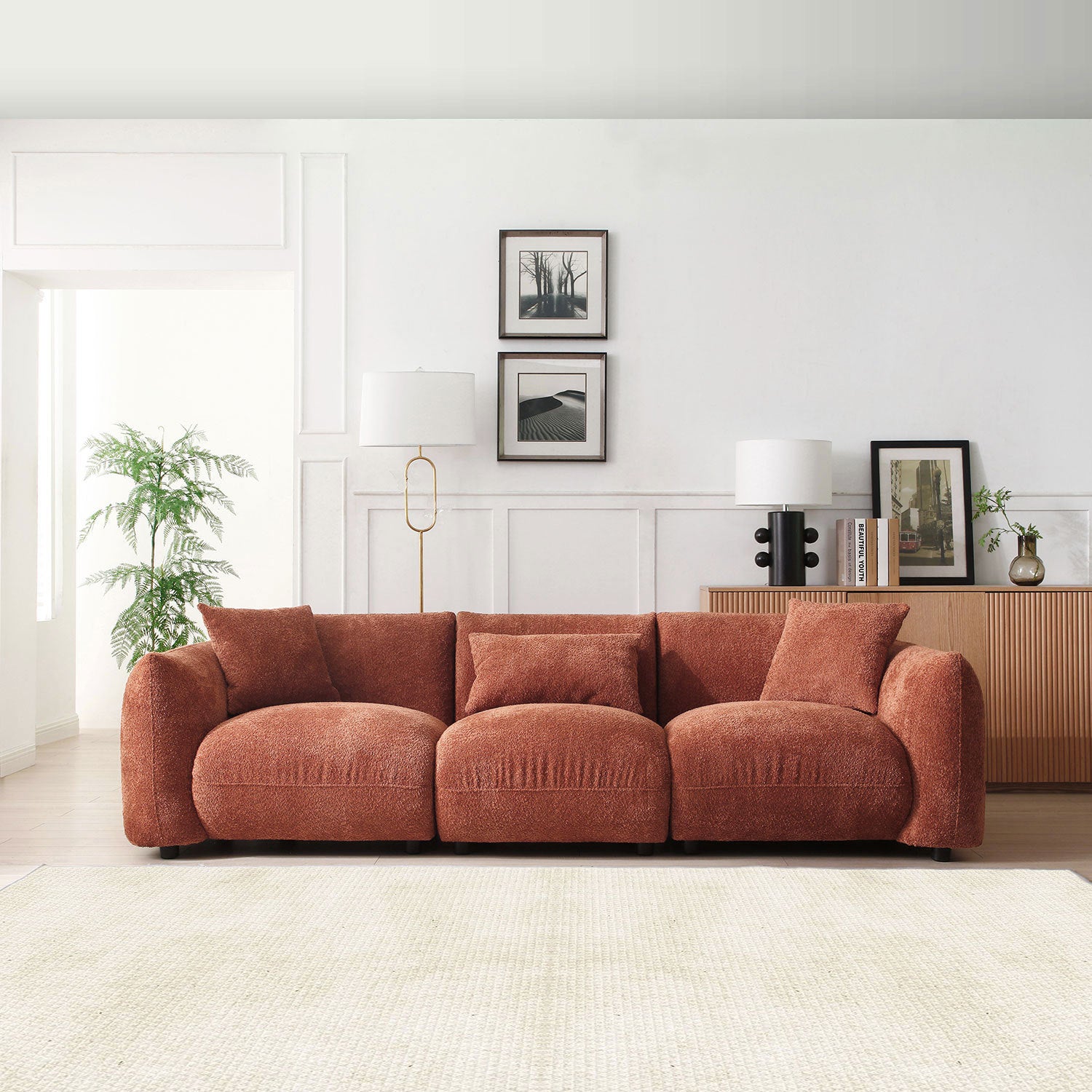 Mid Century Modern Couch 3-Seater Sofa - Orange