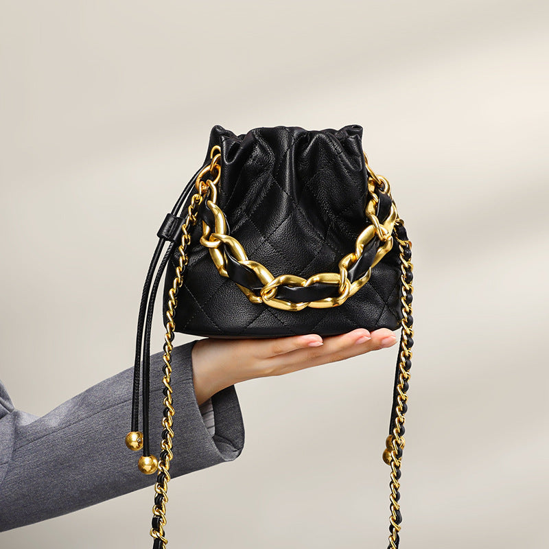 Fashion Crossbody Bucket Mini Portable Shoulder Women Bag with Gold Chain Strap - Black & Gold