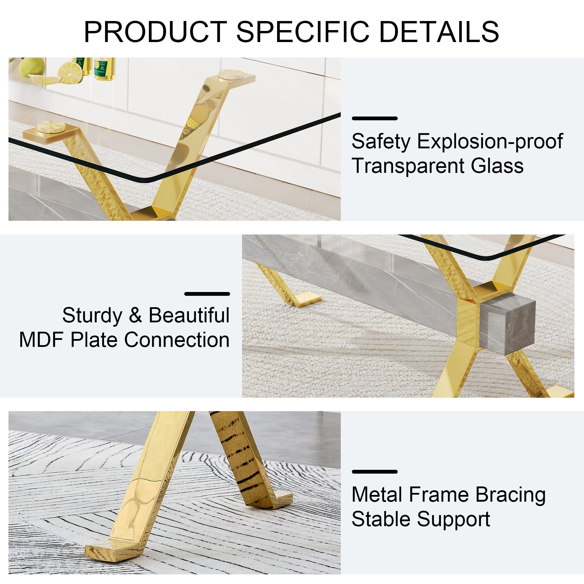 Modern Tempered Glass Dining Table - Transparent with Gold Plated Metal Legs (no chairs included))