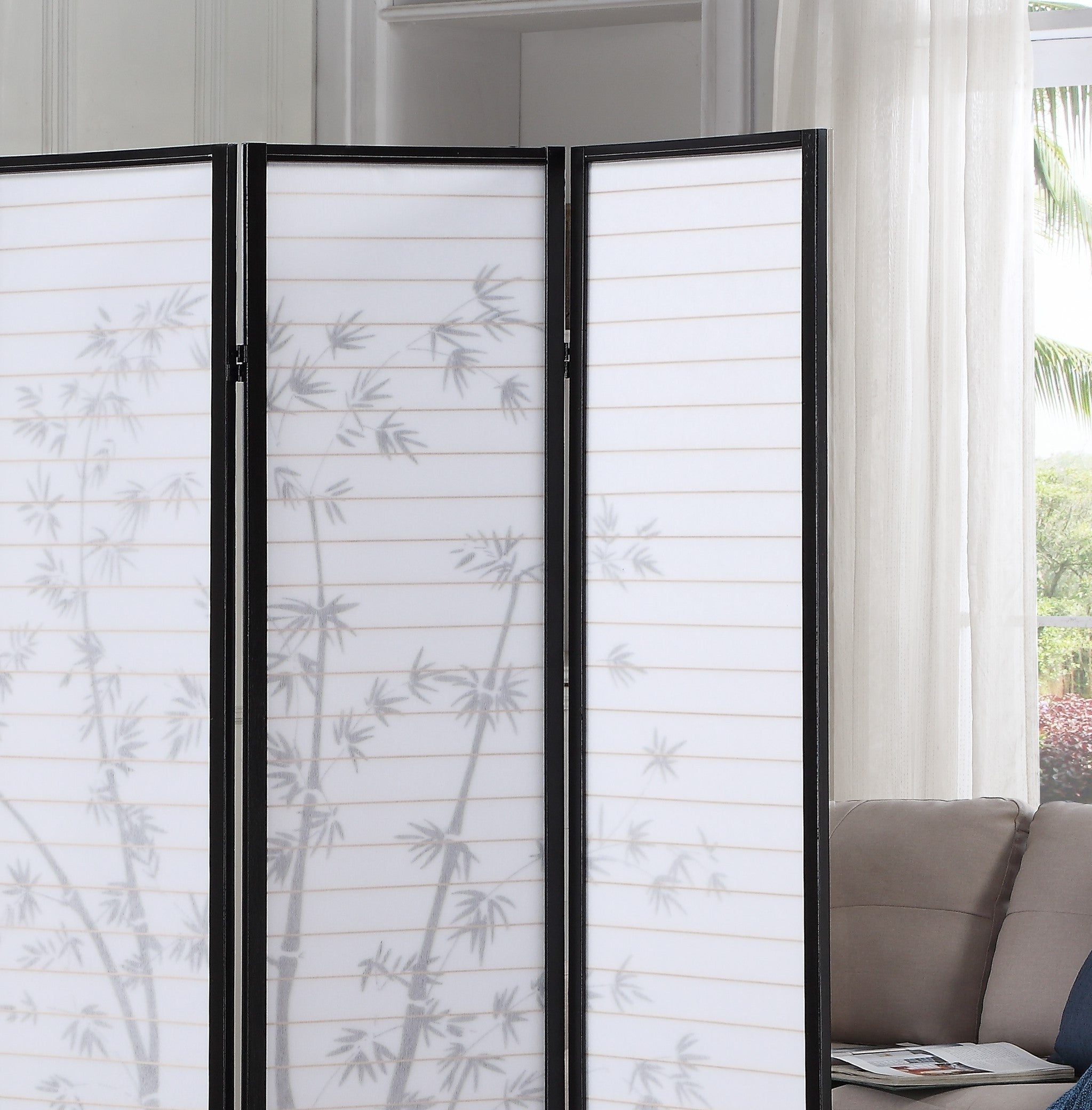 Bamboo Print 4-Panel Framed Room Screen/Divider, Black Wood+Paper