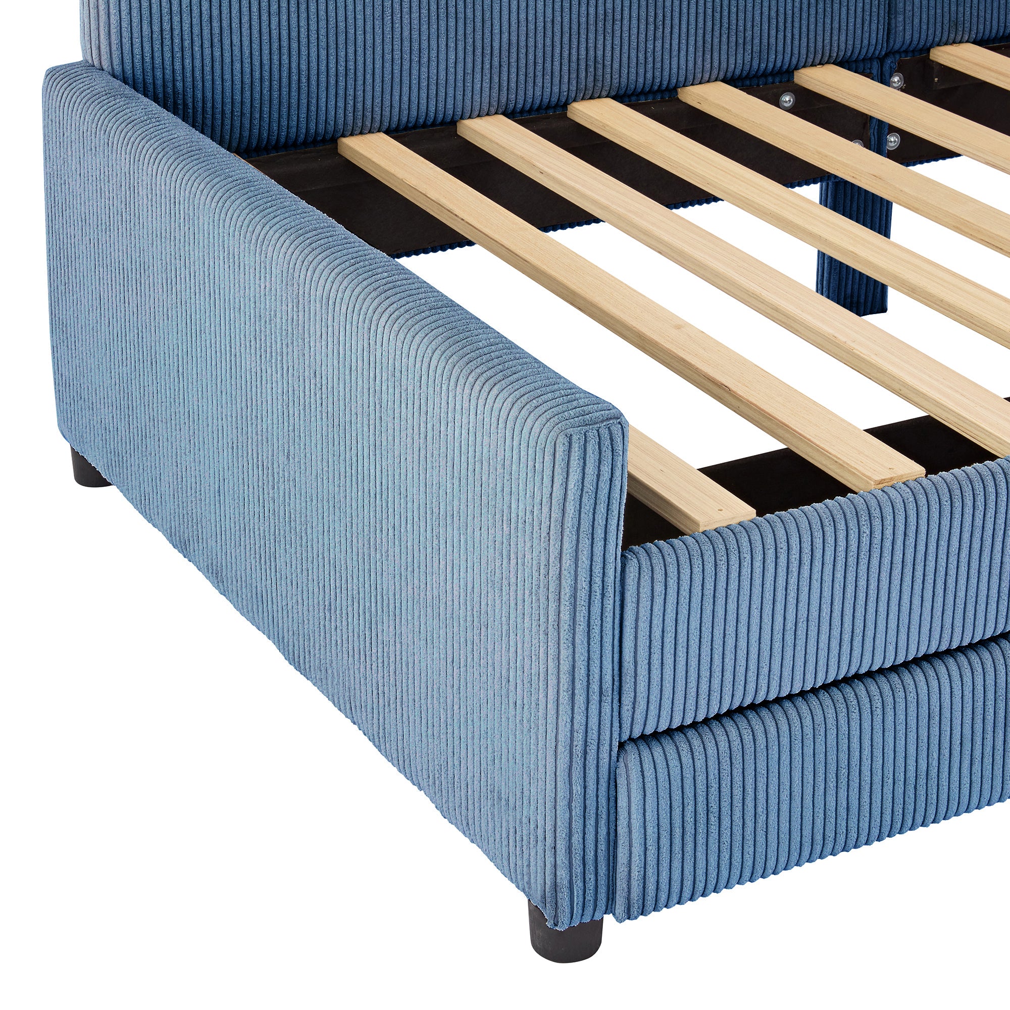 Twin Size L-Shaped Corduroy Daybed,Upholstered Bed Frame with  2 Storage Drawers,Blue