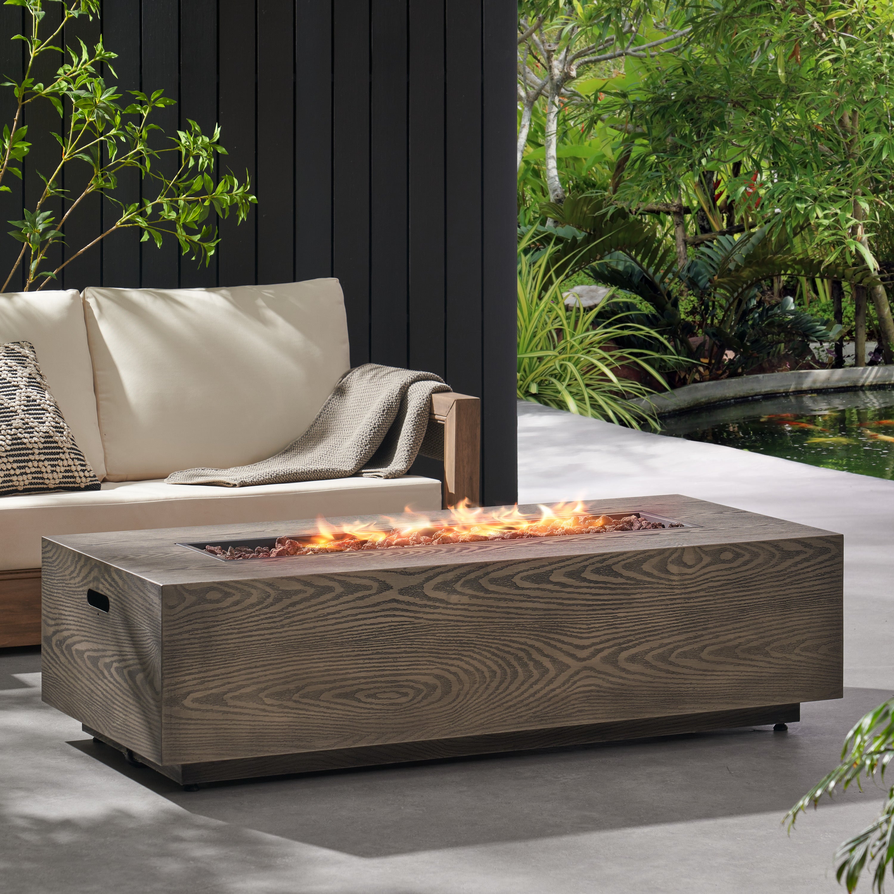 Rectangle Iron Fire Pit - 50,000 BTU Tank outside