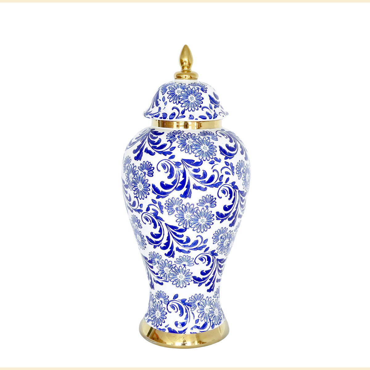 White Ceramic Ginger Jar Vase with Blue & Gold Accents and Removable Lid 18"H