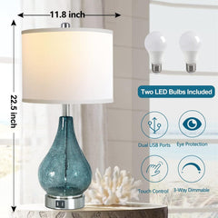 Set Of 2, 22.5" Glass Table Lamp LED Light With Touch Control, Black 3 Way Dimmable Modern Bedside Lamps With White Fabric Shade - Blue