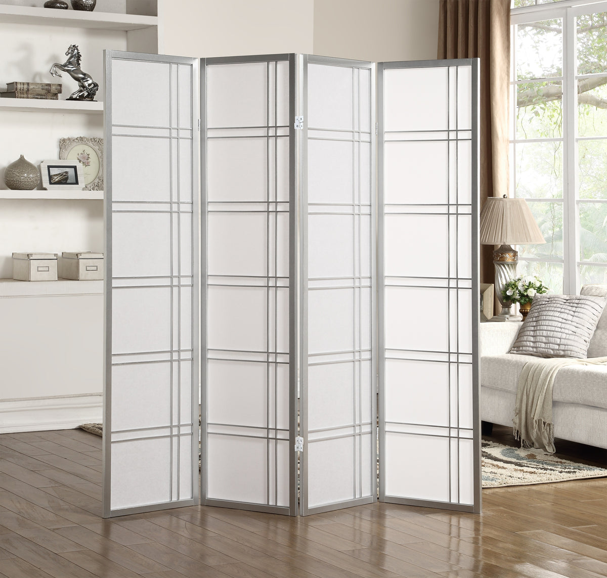 4-Panel Room Divider Screen, Silver Wood+Paper