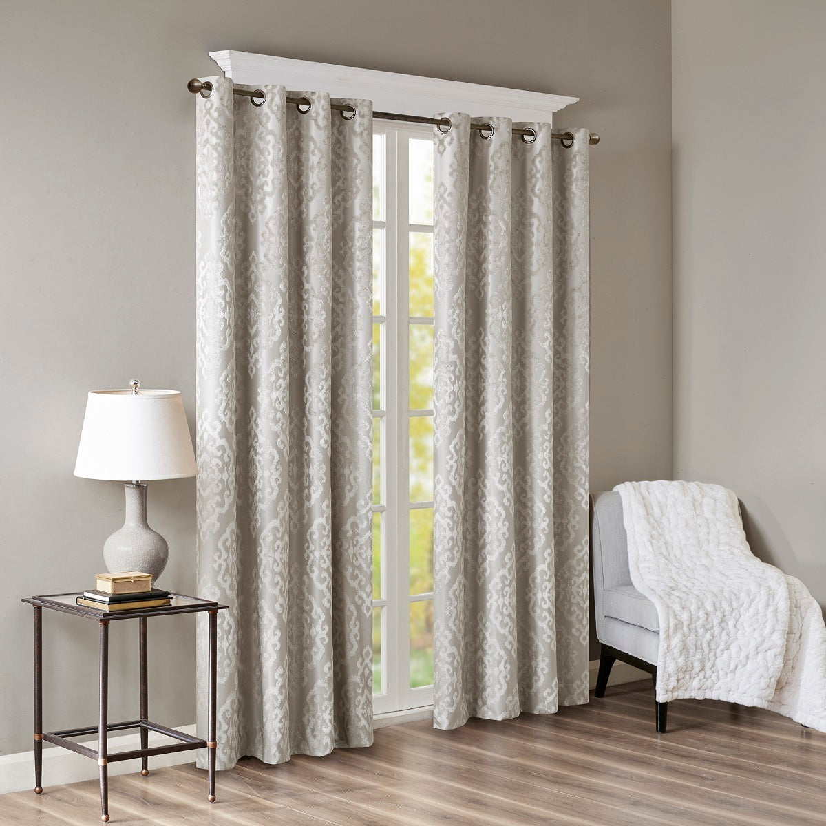 Knitted Jacquard Damask Total Blackout Grommet Top Curtain Panel - Silver