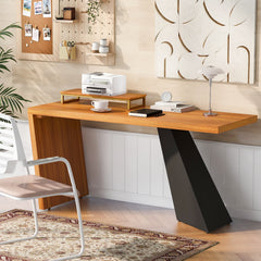 63" Modern Executive Desk, Rustic Industrial Wooden Writing Desk with Monitor Stand - Teak