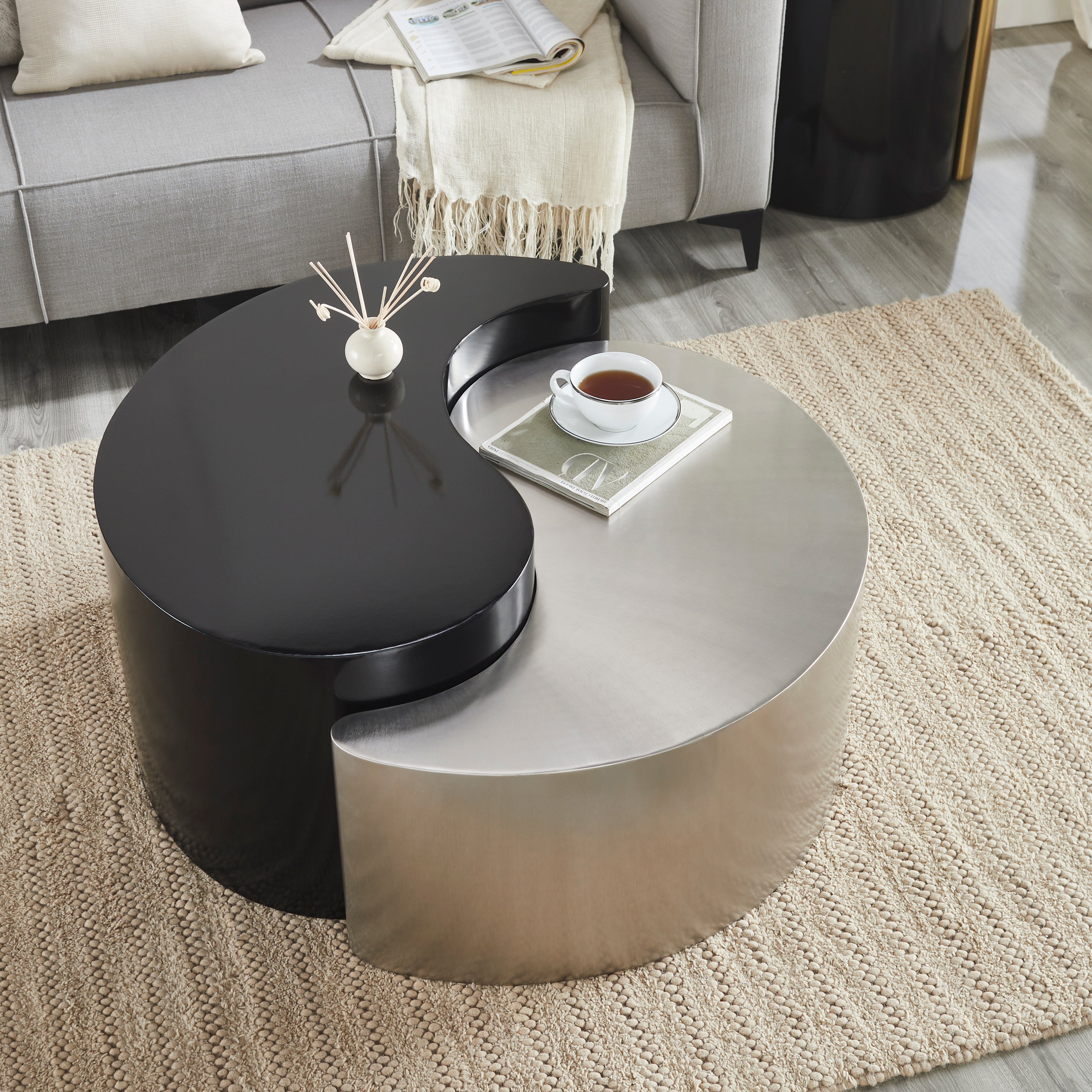 Ying Yang Modern & Contemporary Style 2PC Coffee Table Made with Iron Sheet Frame in Black & Silver