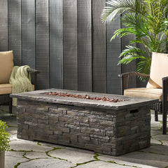 Outdoor Patio Concrete Fire table, Rectangle Gas Burning 56-Inch Fire Pit - 50, 000 BTU, Stone Pattern Fire Table, Grey