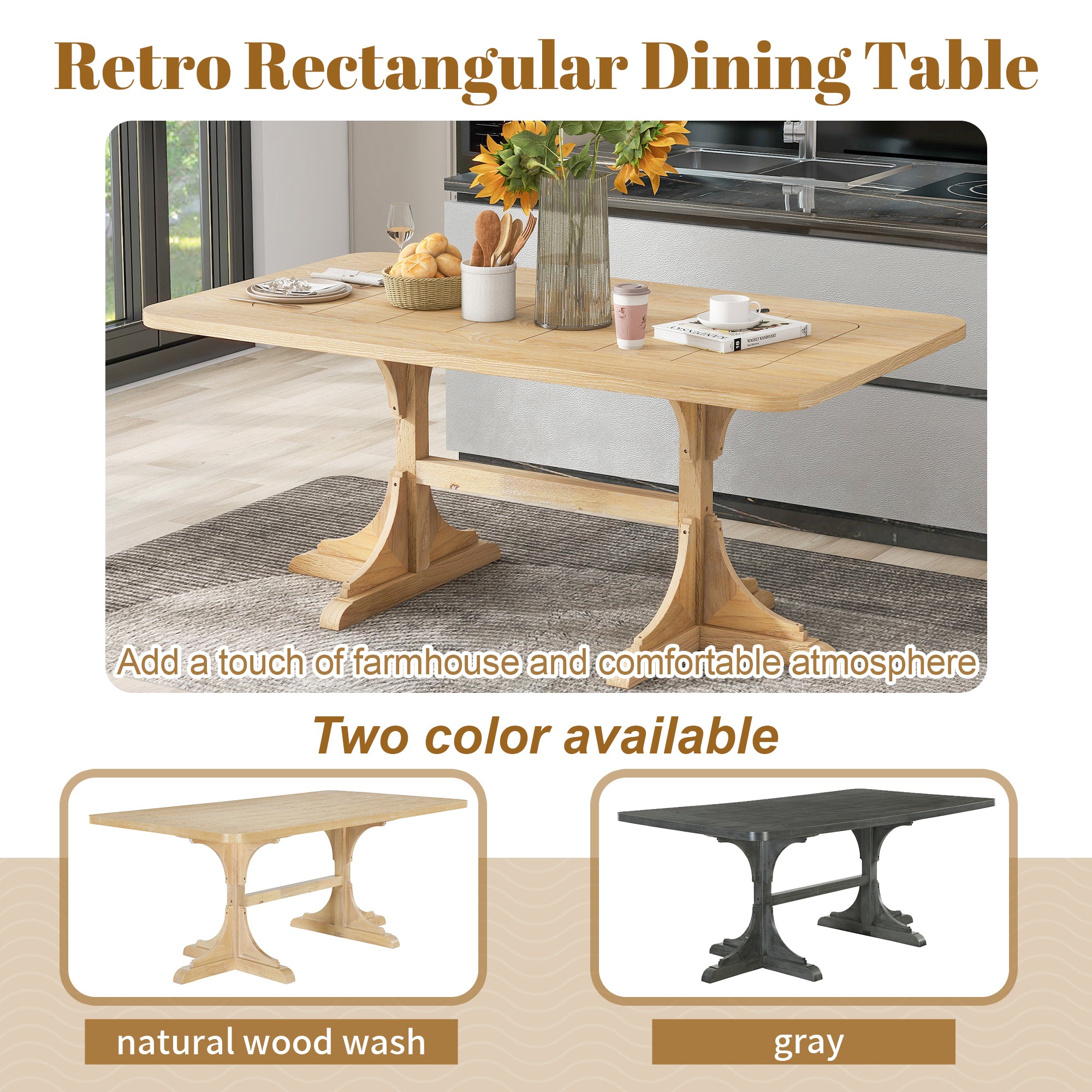 Retro Style Table 71'' Wooden Rectangular Table with Curved Design Legs - Natural Wood Wash