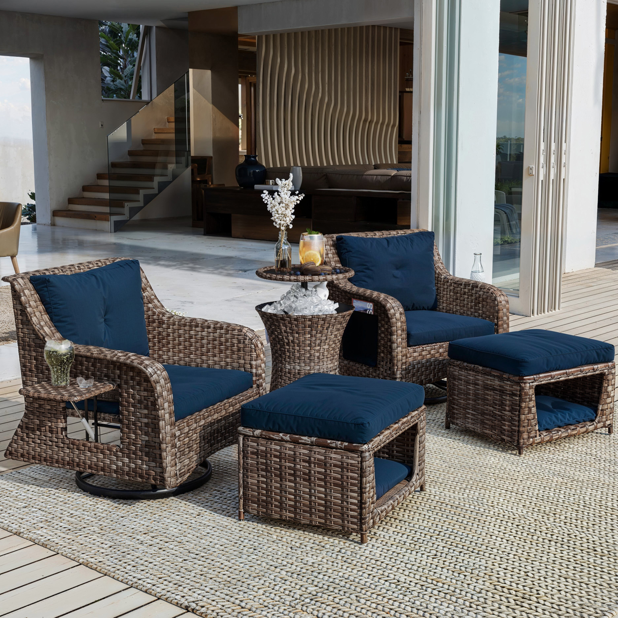 5 Pieces Outdoor Patio Furniture Set Retractable Side Tray, Rattan Wicker Patio Swivel Rocking Chairs Set of 2 with Ottomans - Navy Blue