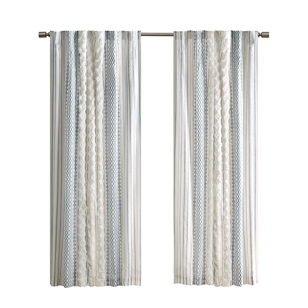 Cotton Printed Curtain Panel with Chenille Stripe and Lining - Ivory+Navy