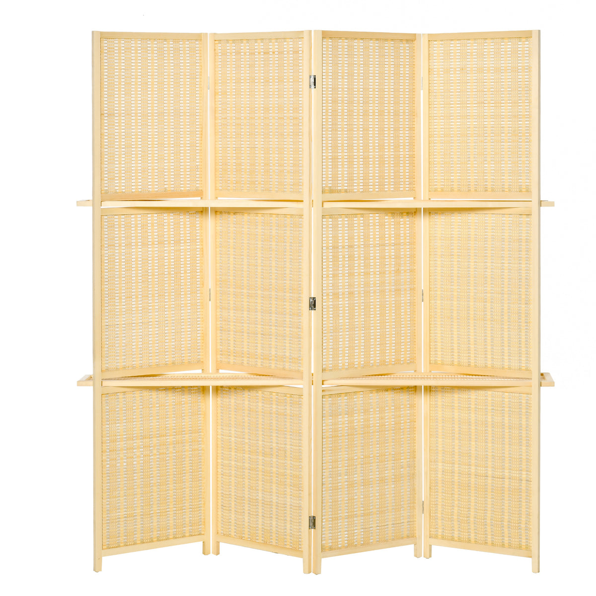 4-Panel Folding Room Divider, 6 Ft Freestanding Bamboo Privacy Screen Panel with Storage Shelves for Bedroom or Office, Natural Wood Color