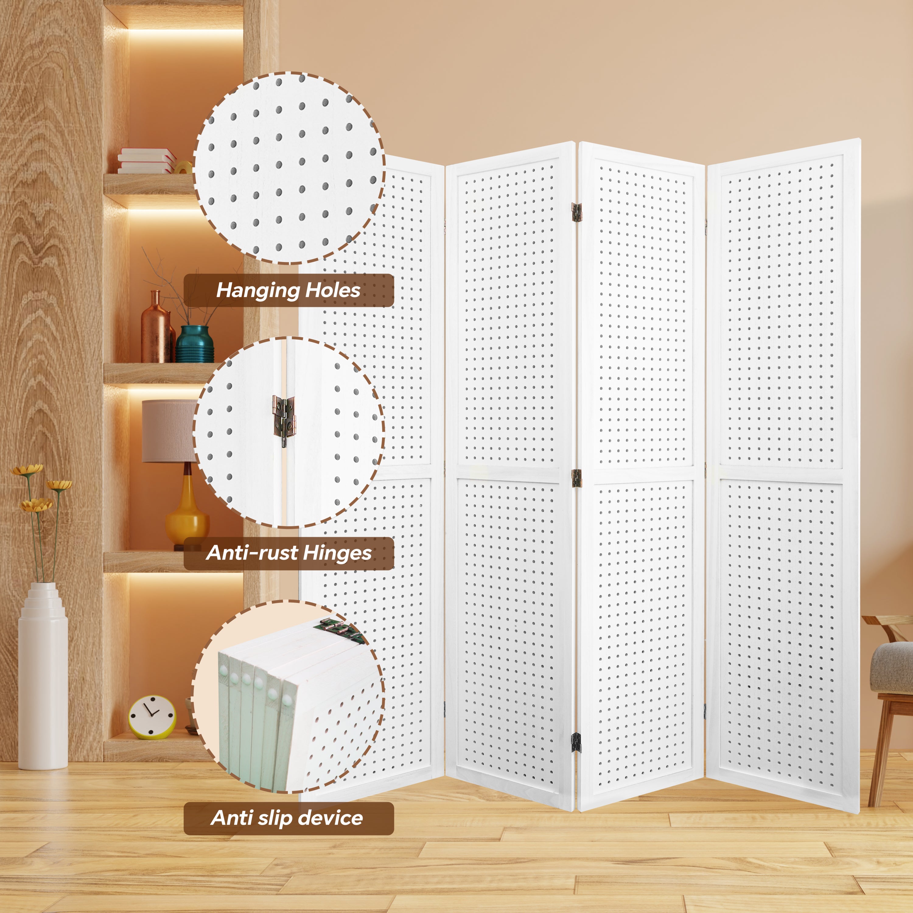 4 Panel Room Divider, 5.6Ft Pegboard Display Wooden Room Divider Folding Privacy Screen Room Divider - Elegant White