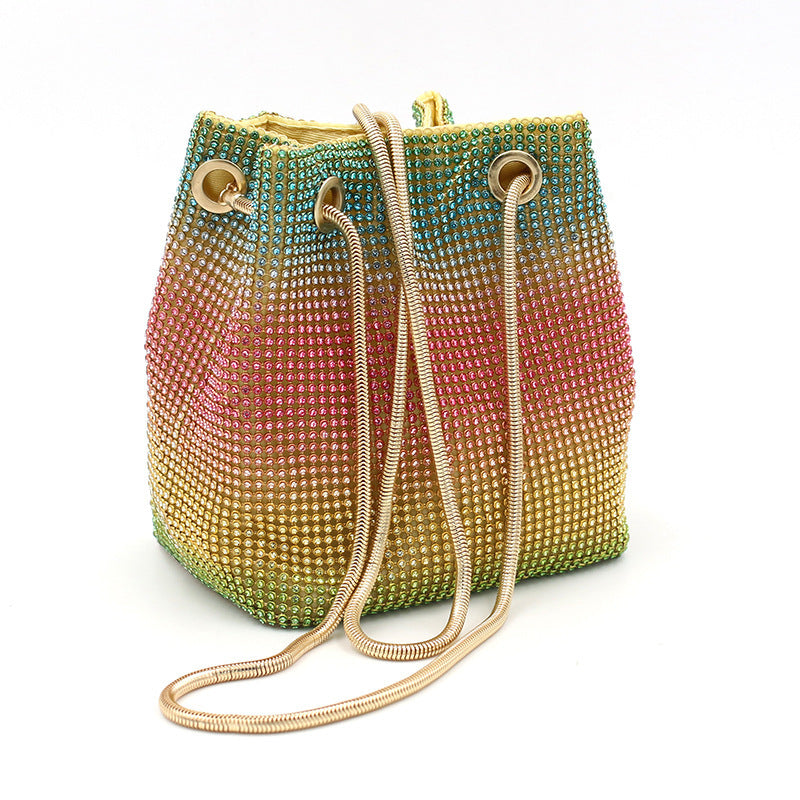 Crystal Rainbow Gradient Evening Bucket Bag, Rhinestone Crossbody Purse, Gold Chain Strap