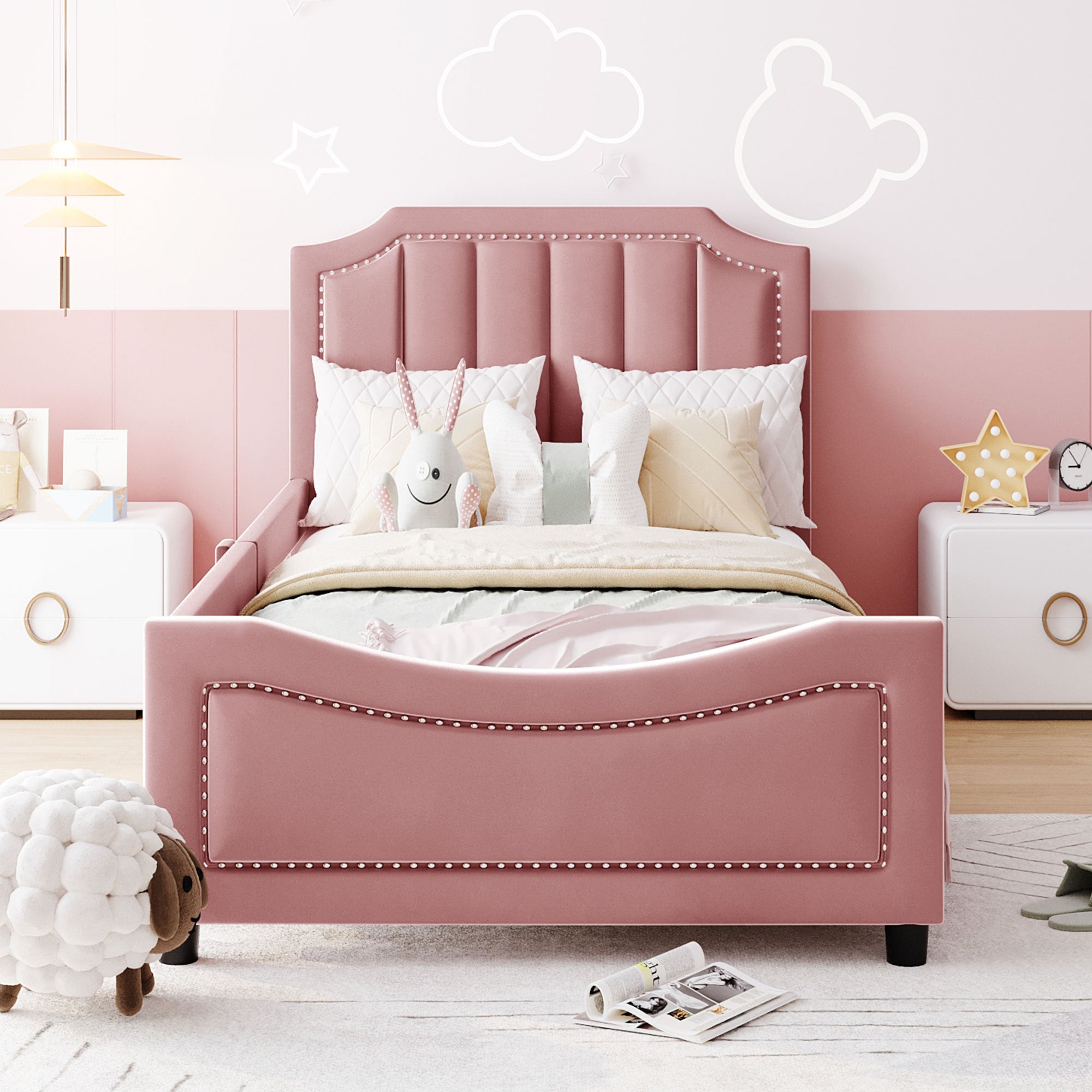 Twin Size Upholstered Daybed with Classic Stripe Shaped  Headboard - Pink