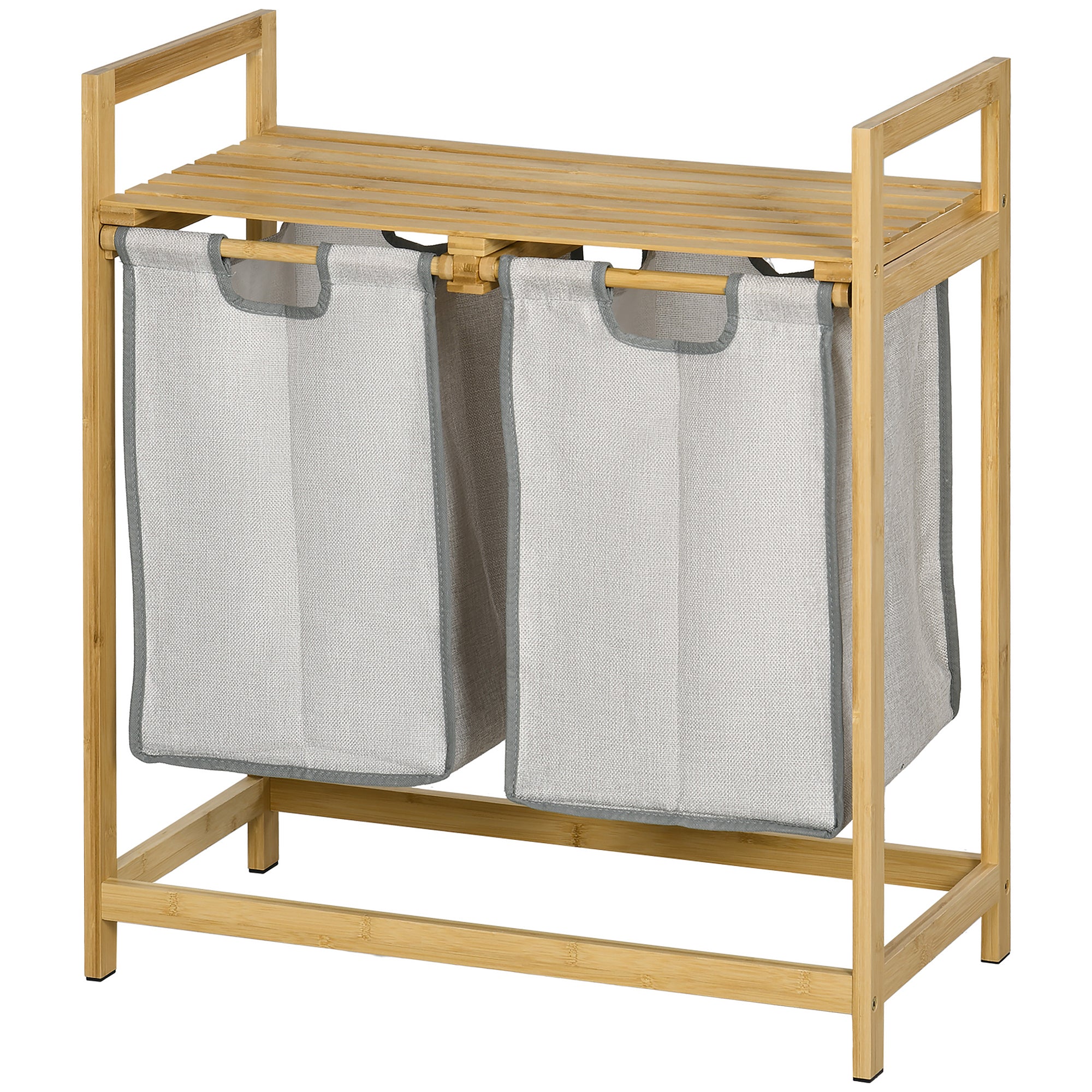 Double Laundry Hamper 2 Section Bamboo Laundry Basket with Storage Shelf 2 Pull-Out and Removable Bags - Natural Wood and Dark Gray