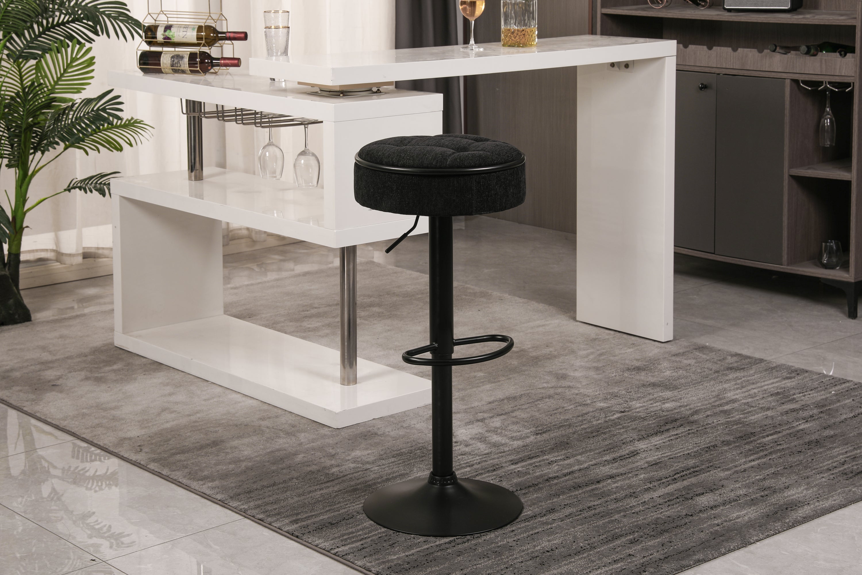 Set of 2 Round Storage Bar Stool Black Linen Height Adjustable Barstool, 360°Counter Height Swivel